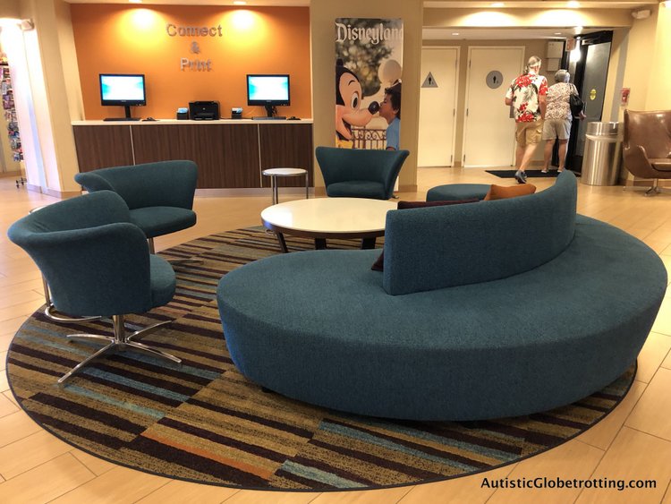 Family Friendly Fairfield Inn Anaheim lobby blue round sofa