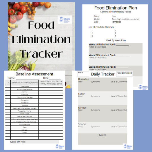 Title page and three content pages of the food elimination tracker with a light blue background