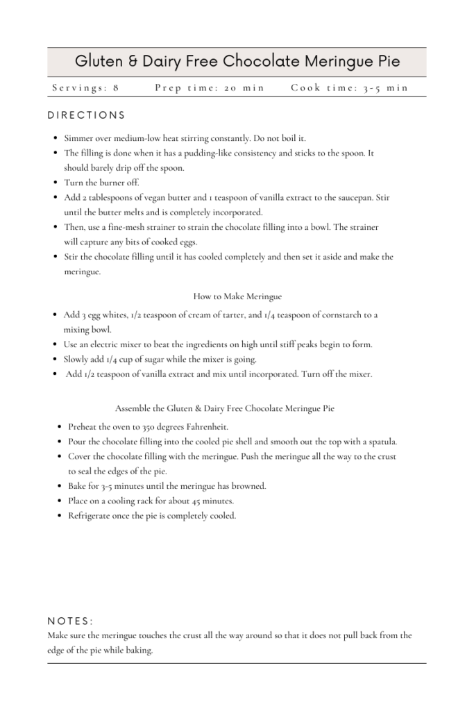 Homemade gluten and dairy free chocolate meringue pie recipe card